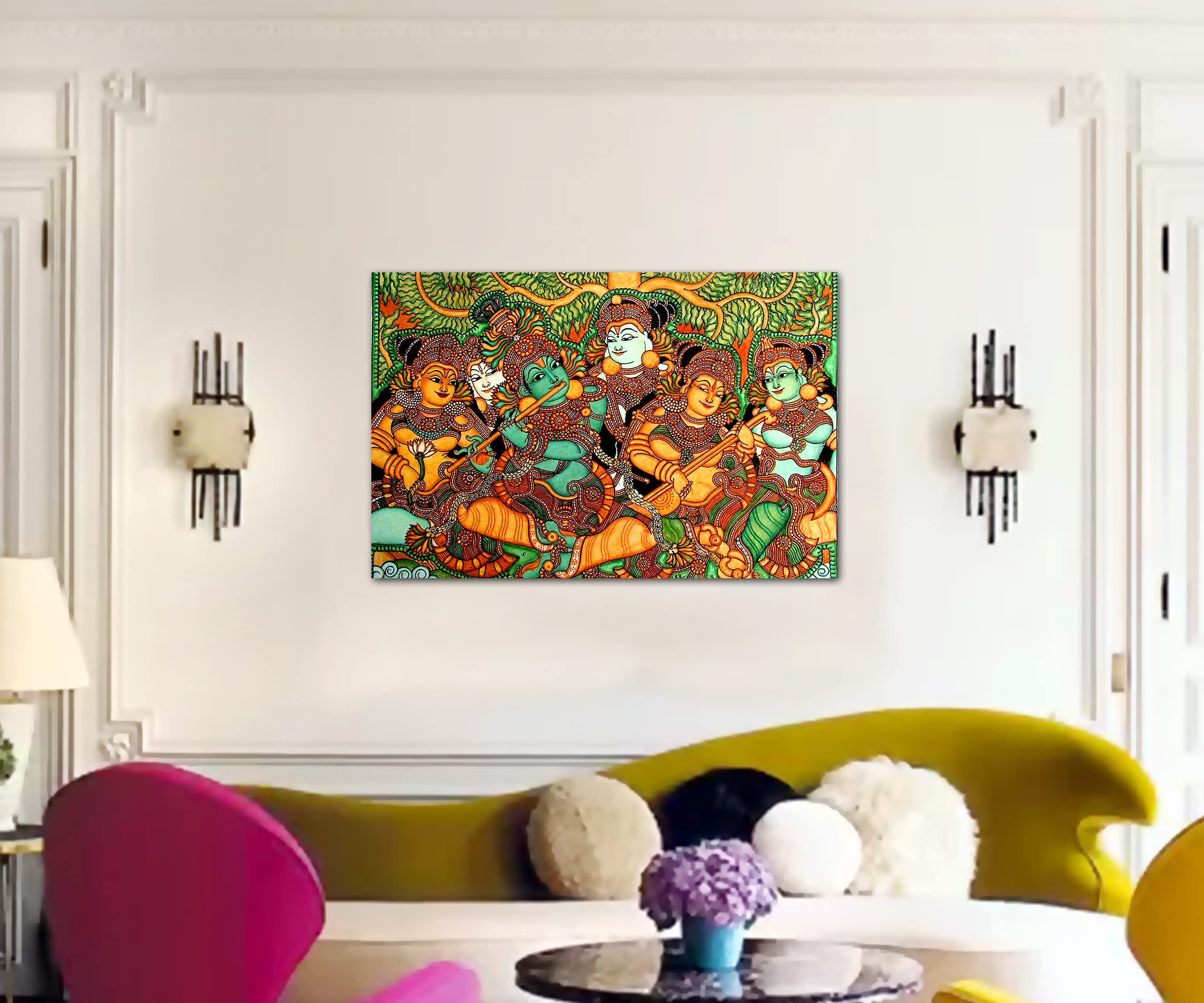 Tamatina Kerala Mural Canvas Painting | Radha Krishna | Traditional Art Unframed Painting For Home Dcor|Size - 24X16 Inches.M121